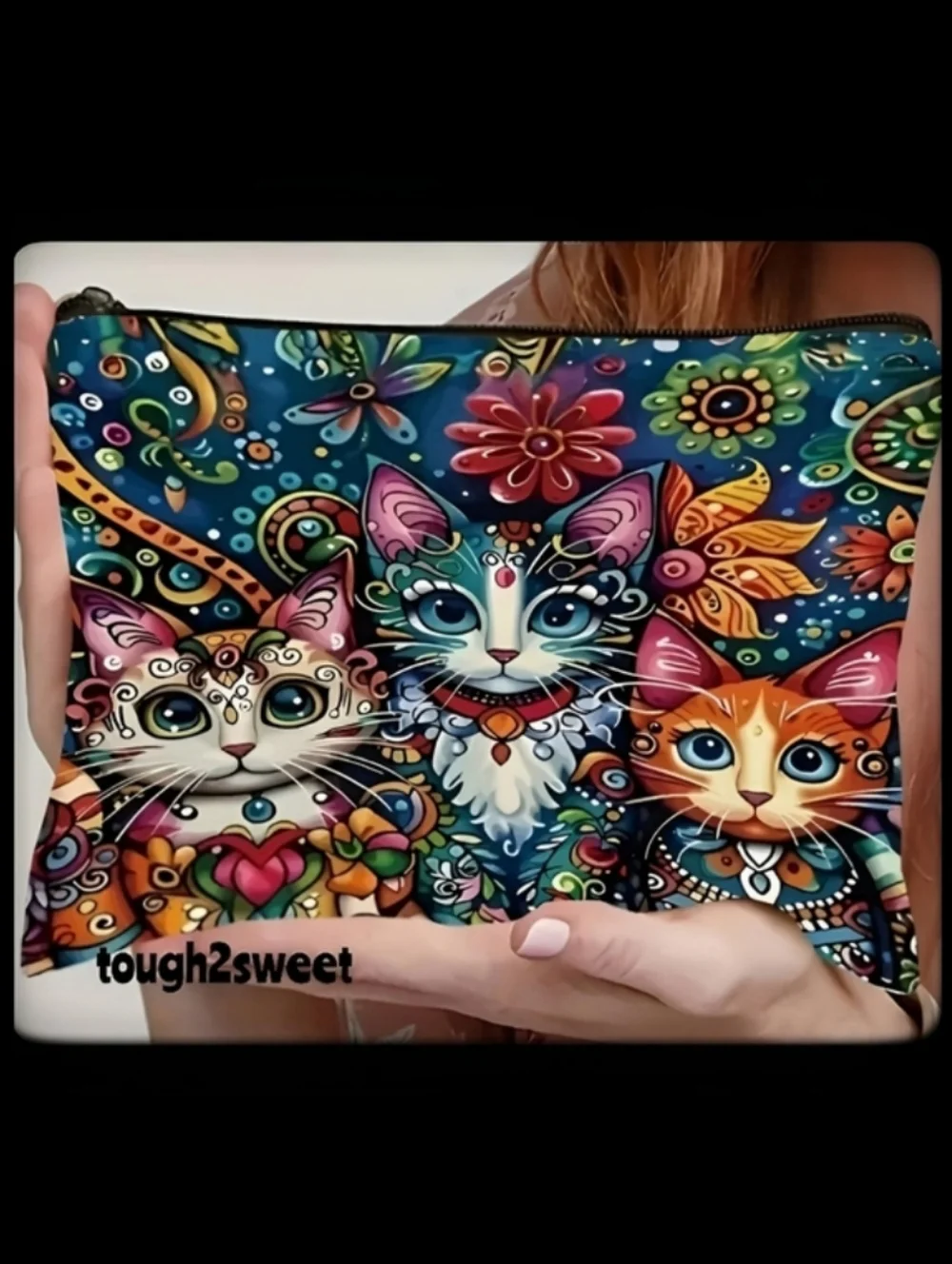 🆕️LAST 1😻LARGE COLORFUL, WHIMSICAL CAT VIBRANT COSMETIC BAG/ Y2K CATS ARTISTIC